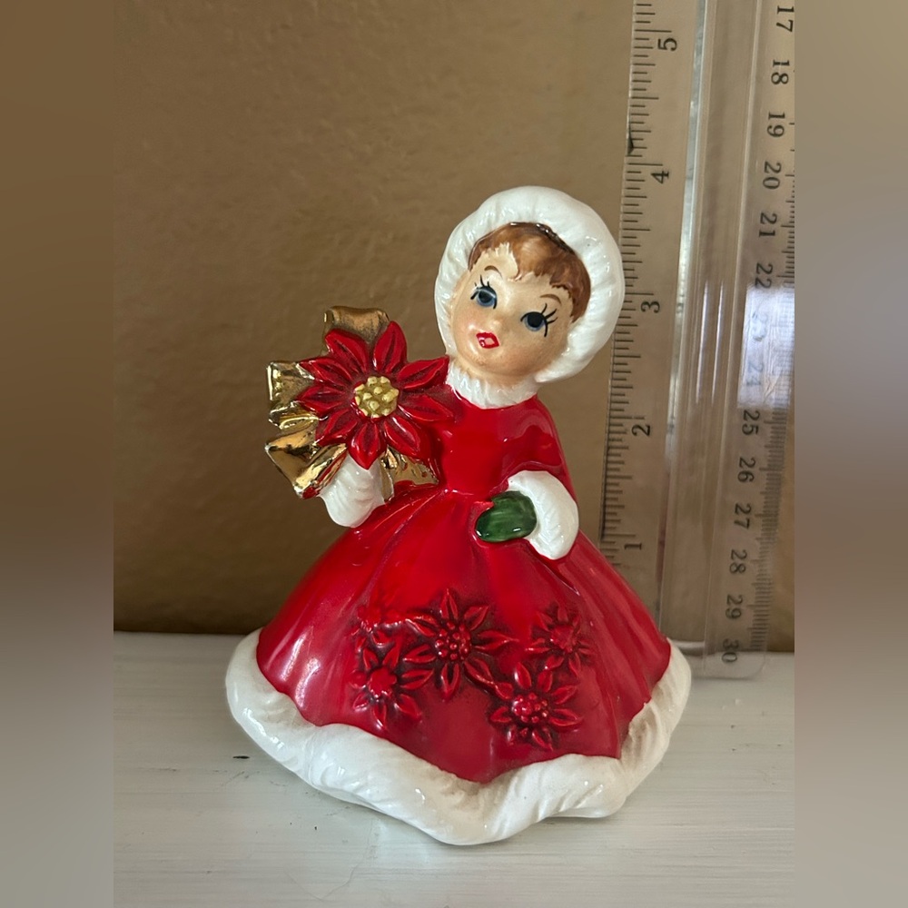 Vintage Lefton Christmas Poinsettia Girl Figurine in Red Dress - December